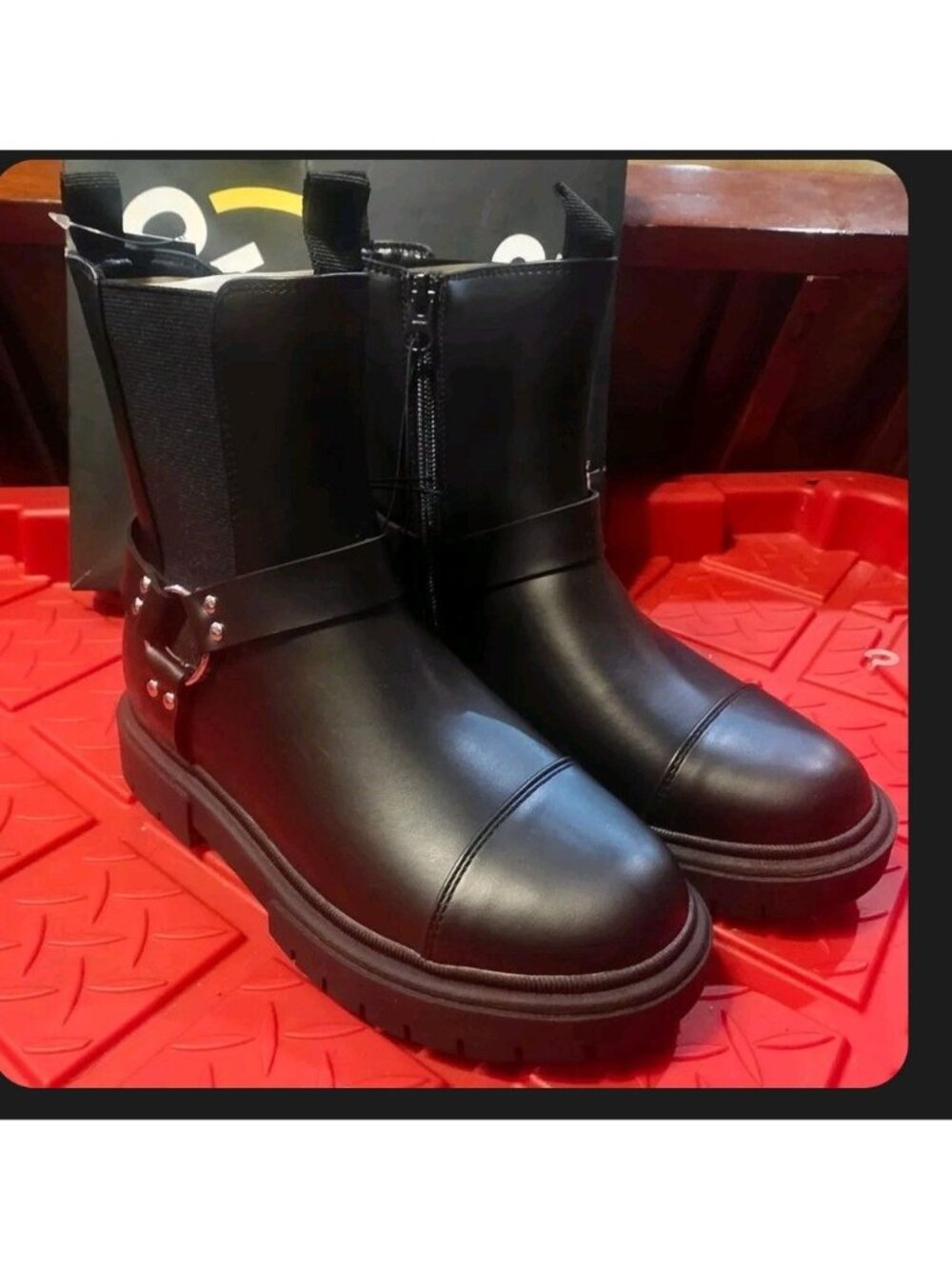 Girl Black faux Leather Mid-Calf Combat Boots With Zipper & Buckle Strap Rugged